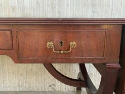 Victorian Library Writing Table With Brown Leather Top -PAMONO Sales victorian library writing table with brown leather top 13