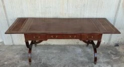 Victorian Library Writing Table With Brown Leather Top -PAMONO Sales victorian library writing table with brown leather top 5