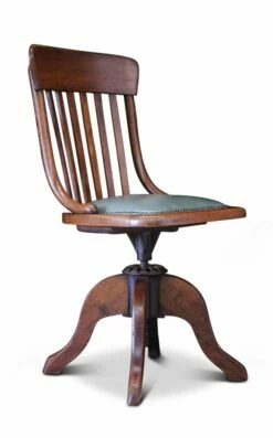 Victorian Polished Green Leather & Bentwood Revolving Desk Chair With Brass Stud Detailing, 1890s