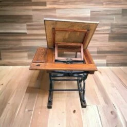Vintage Architects Desk In Teak & Cast Iron Base -PAMONO Sales vintage architects desk in teak cast iron base 3