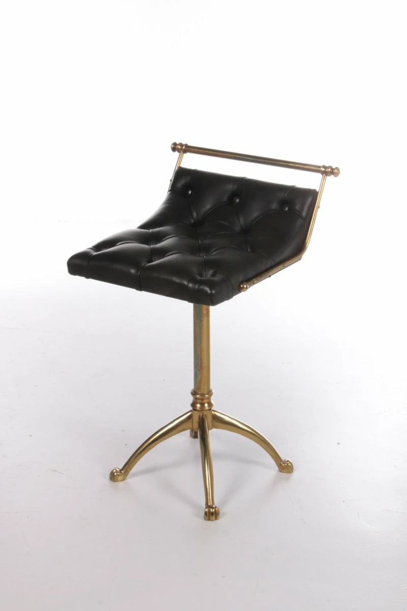 Vintage Leather & Gilt Brass Harpers Stool, France, 1950s 3 Vintage Leather & Gilt Brass Harpers Stool, France, 1950s