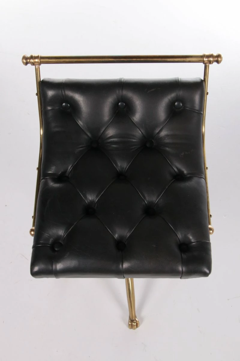 Vintage Leather & Gilt Brass Harpers Stool, France, 1950s 9 Vintage Leather & Gilt Brass Harpers Stool, France, 1950s - Image 7