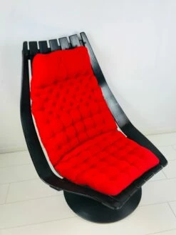 Vintage Scandinavian Black Bended Wood & Fabric Swivel Chair By Hans Brattrud, 1968